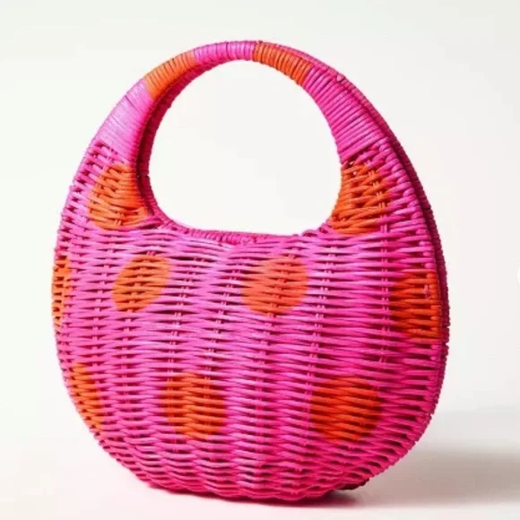 KATE SPADE x Target Pink Wicker Crescent Bag Red Polka Dots Basket Weave  NWT - Picture 2 of 7